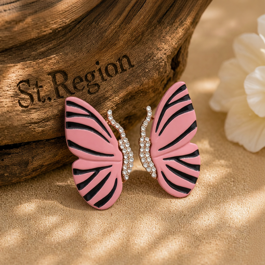 Pink Enamel & Cubic Zirconia Butterfly Stud Earrings