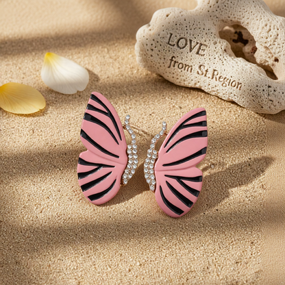 Pink Enamel & Cubic Zirconia Butterfly Stud Earrings