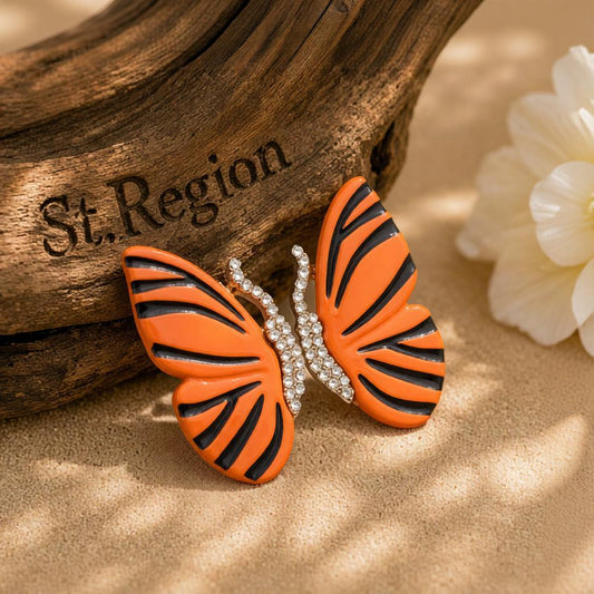 Orange Enamel & Cubic Zirconia Butterfly Stud Earrings