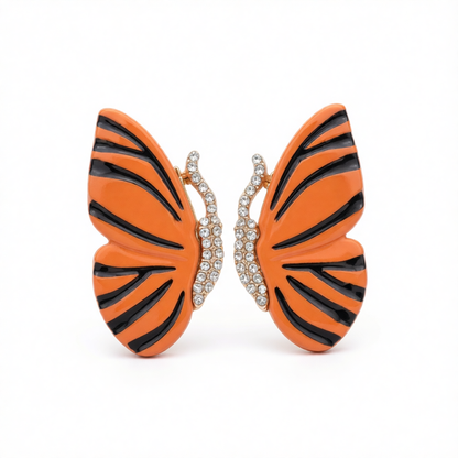 Orange Enamel & Cubic Zirconia Butterfly Stud Earrings