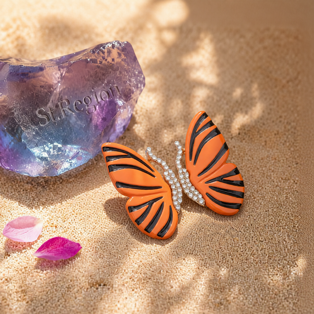 Orange Enamel & Cubic Zirconia Butterfly Stud Earrings