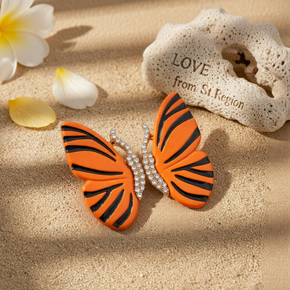 Orange Enamel & Cubic Zirconia Butterfly Stud Earrings