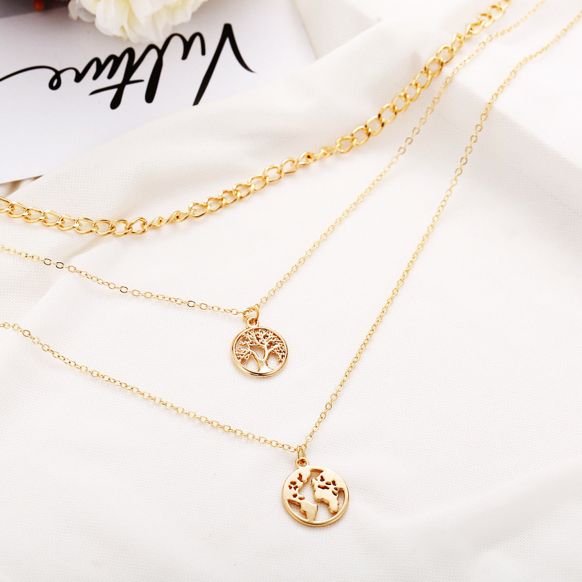 18K Gold-Plated Tree & Map Figaro Layered Choker Pendant Necklace