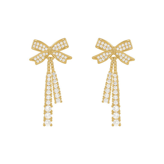 Cubic Zirconia and 18K Gold-Plated Bow Drop Earrings, gold drop earrings for women, dainty minimalist design, front view