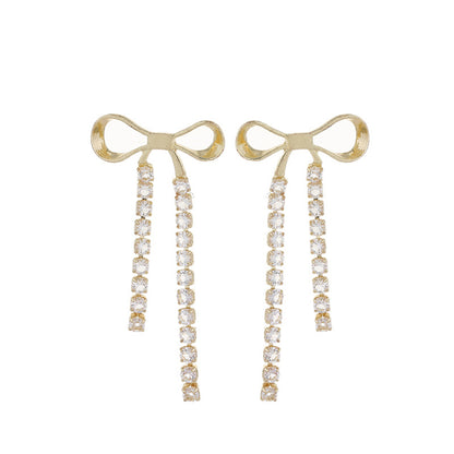 Cubic Zirconia and 18K Gold-Plated Bow Tassel Drop Earrings, gold drop earrings for women, side view