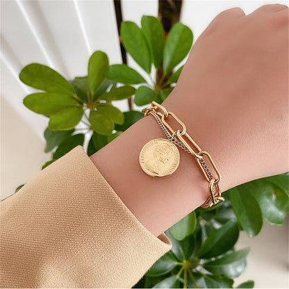 18K Gold-Plated Coin Layered Bracelet, gold bracelet for women, botanical inspired, front view