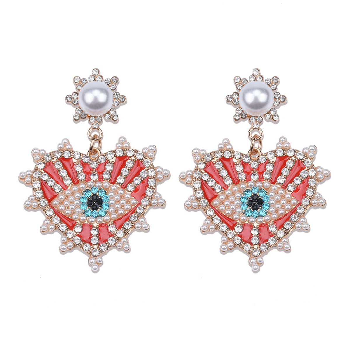 Red Enamel & Cubic Zirconia 18K Gold-Plated Eye In Heart Drop Earrings