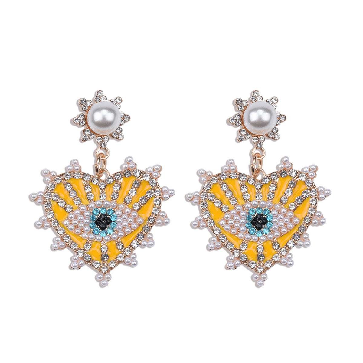 Yellow & Cubic Zirconia Eye In Heart Drop Earrings