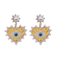 Yellow & Cubic Zirconia Eye In Heart Drop Earrings