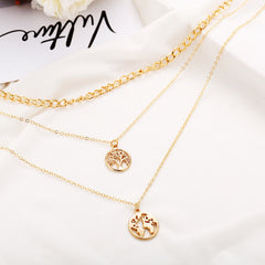 18K Gold-Plated Tree & Map Figaro Layered Choker Pendant Necklace