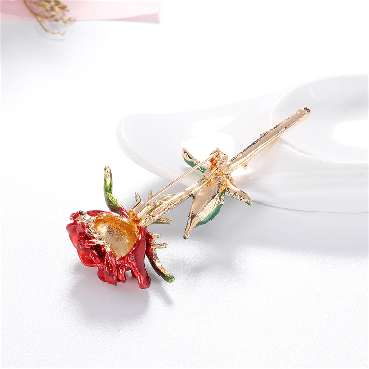 Red Enamel and 18K Gold-Plated Rose Brooch, gold brooch pin, vintage-inspired design, lifestyle look