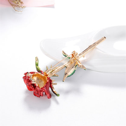 Red Enamel and 18K Gold-Plated Rose Brooch, gold brooch pin, vintage-inspired design, lifestyle look