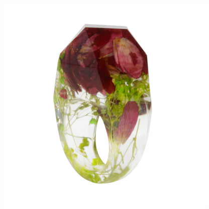 Deep Red and Green Dried Flower Ring, statement rings for women, vintage-inspired design, side view