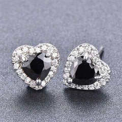 Black Crystal & Cubic Zirconia Silver-Plated Halo Heart Stud Earrings