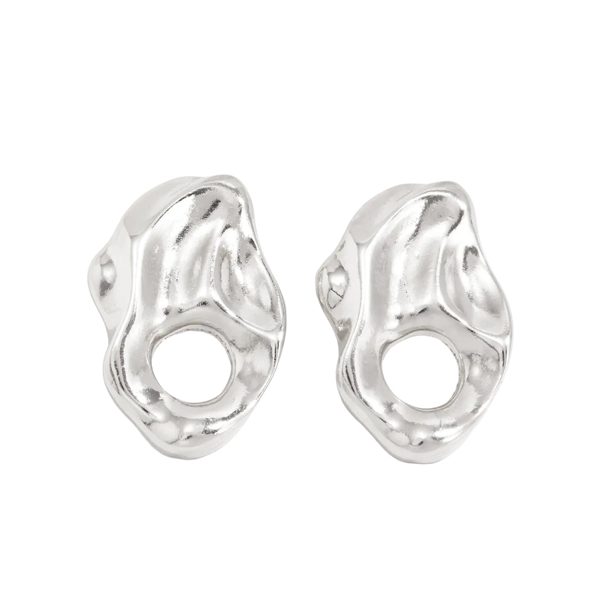 Silvertone Hammered Open Uneven Drop Statement Stud Earrings - Street Region