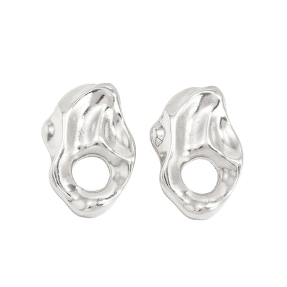 Silvertone Hammered Open Uneven Drop Statement Stud Earrings - Street Region