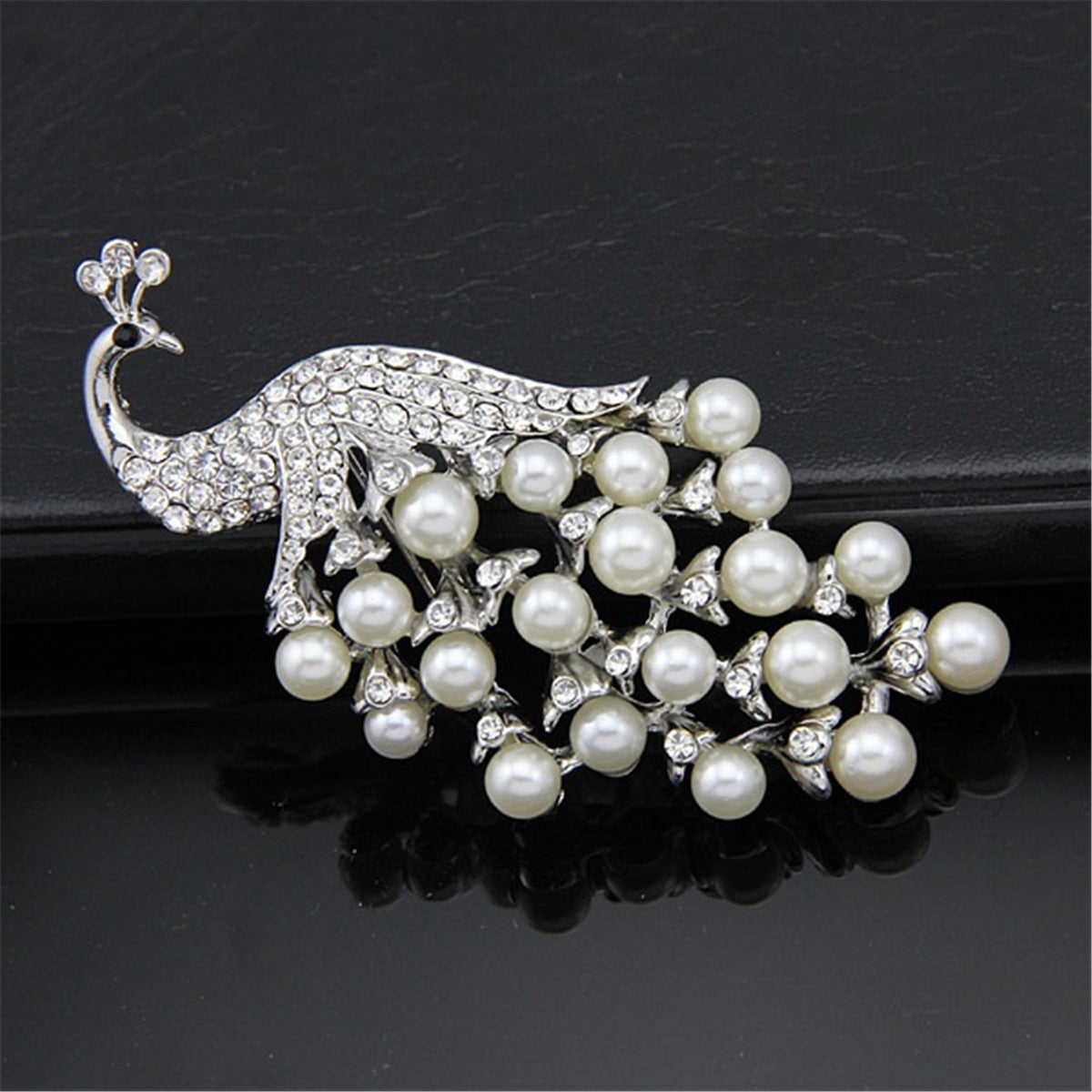Pearl & Cubic Zirconia Silver-Plated Peacock Pavé-Set Brooch