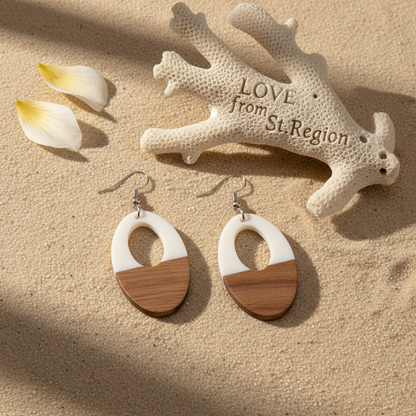 White Resin & Wood Silvertone Open Oval Hook Earrings - Street Region