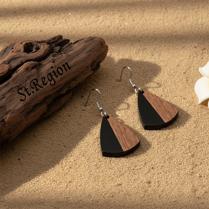 Black Resin & Wood Silvertone Shield Hook Earrings - Street Region