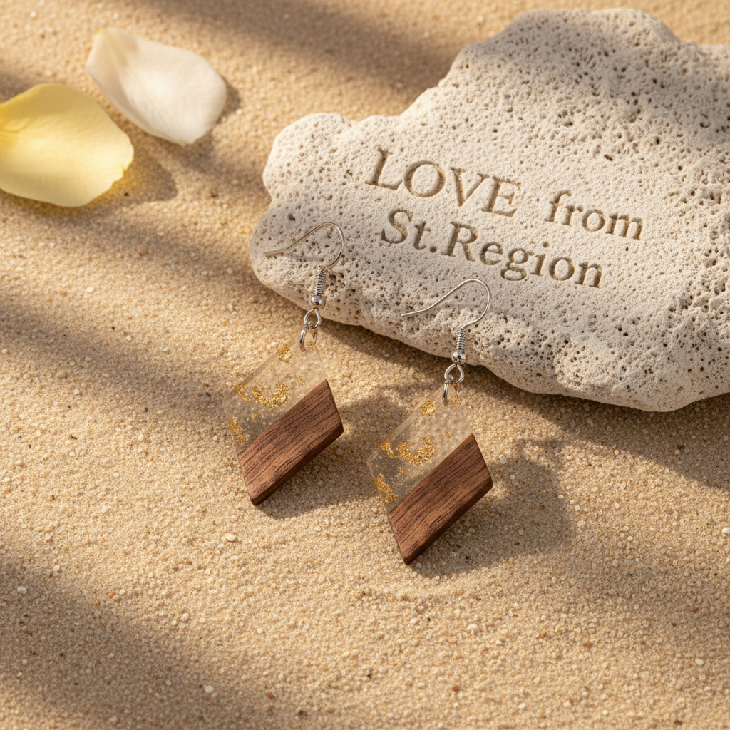 Clear Resin & Wood Silvertone Gold Foil Rhombus Hook Earrings - Street Region