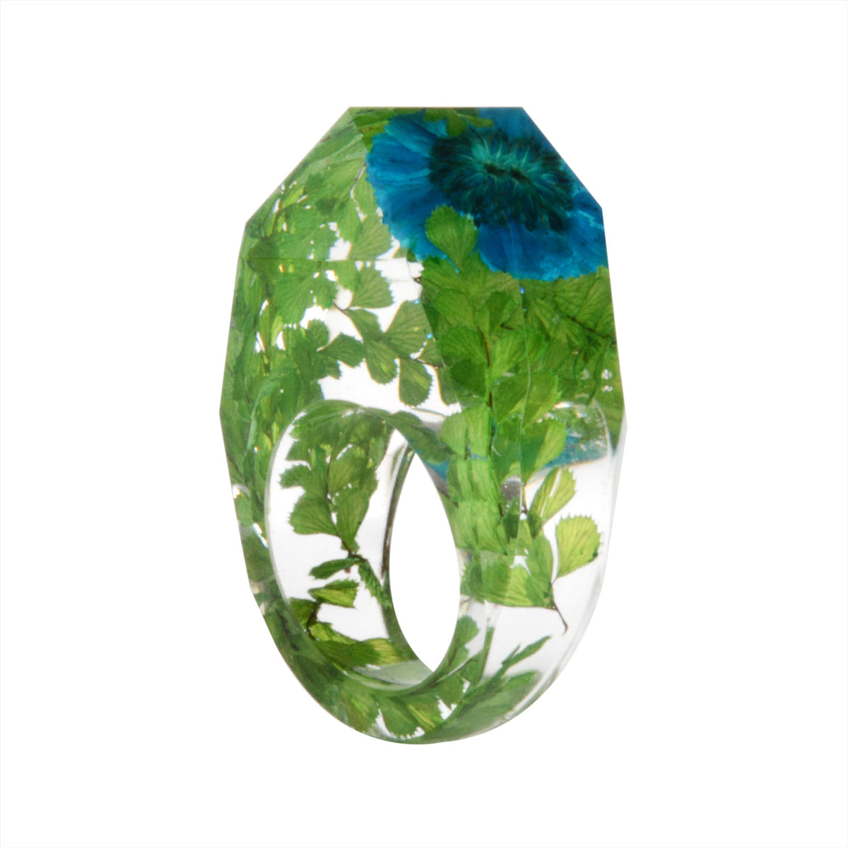 Green and Blue Dried Flower Ring, statement rings for women, vintage-inspired design, side view