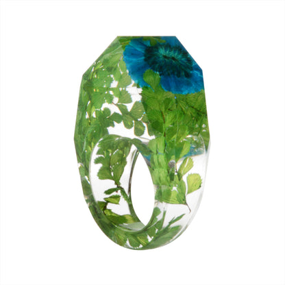 Green and Blue Dried Flower Ring, statement rings for women, vintage-inspired design, side view