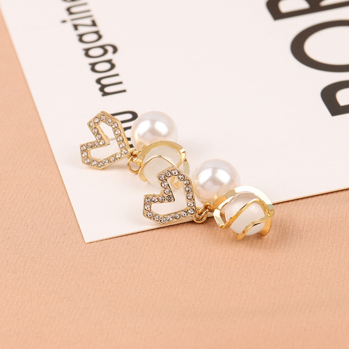 White Cat's Eye & Cubic Zirconia Heart Drop Dangle Earrings