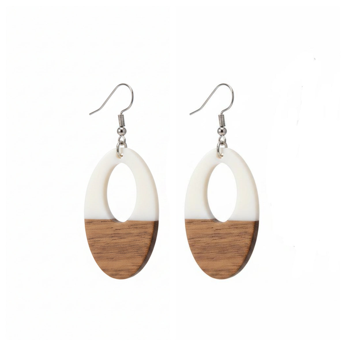 White Resin & Wood Silvertone Open Oval Hook Earrings - Street Region