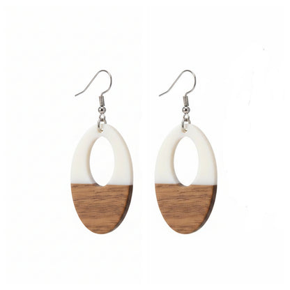 White Resin & Wood Silvertone Open Oval Hook Earrings - Street Region