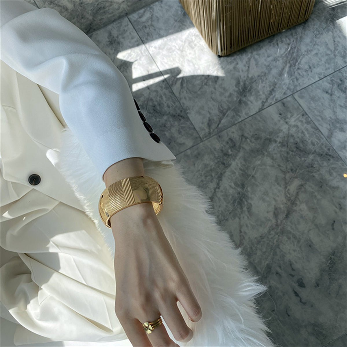 18K Gold-Plated Embossed Wavy Pattern Bangle, gold bangle bracelet, vintage-inspired design, styled look