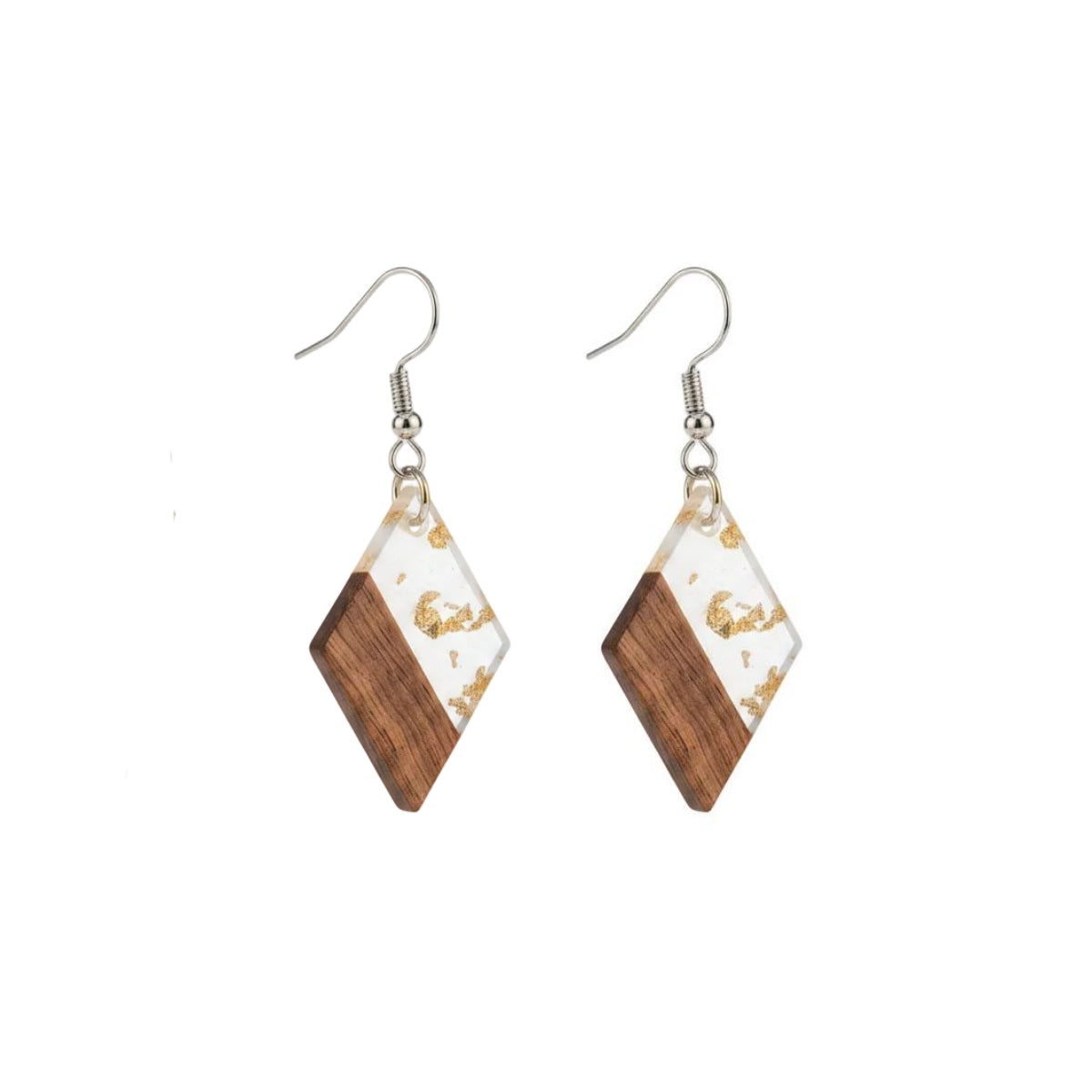 Clear Resin & Wood Silvertone Gold Foil Rhombus Hook Earrings - Street Region