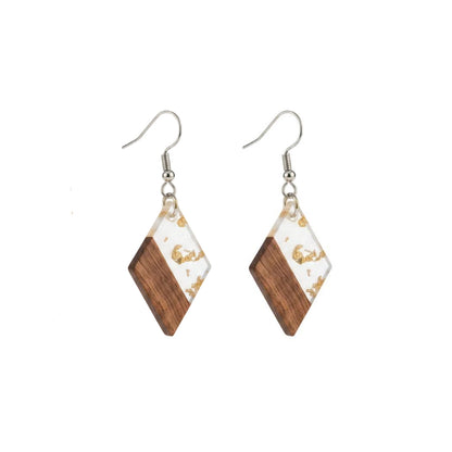 Clear Resin & Wood Silvertone Gold Foil Rhombus Hook Earrings - Street Region