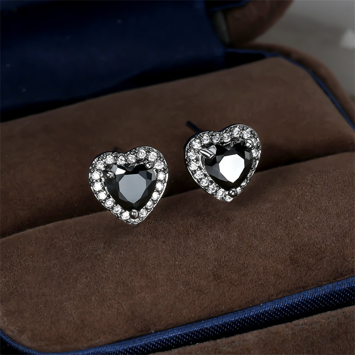 Black Crystal & Cubic Zirconia Silver-Plated Halo Heart Stud Earrings