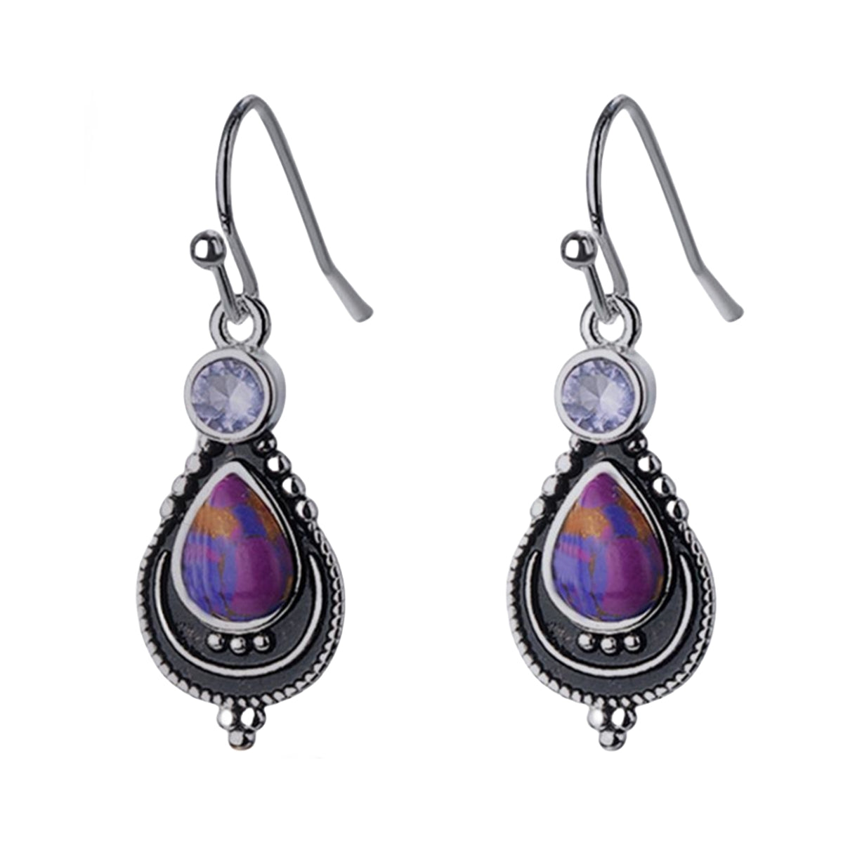 Purple Turquoise & Crystal Silver-Plated Teardrop Earrings