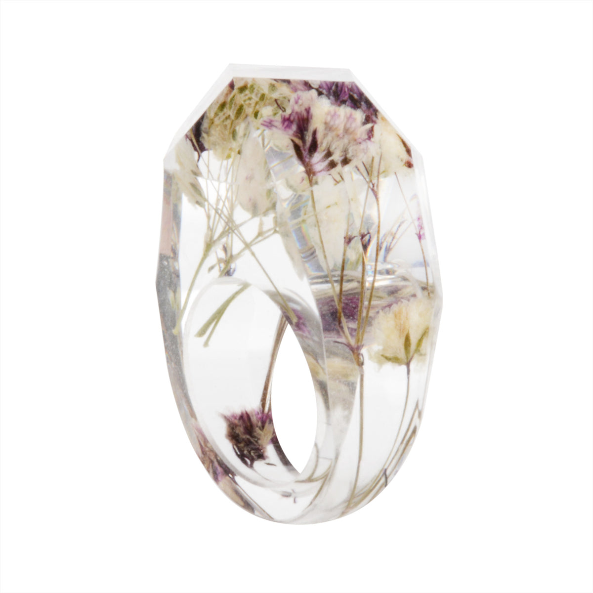 Purple and Off-White Dried Flower Ring, statement rings for women, vintage-inspired design, side view