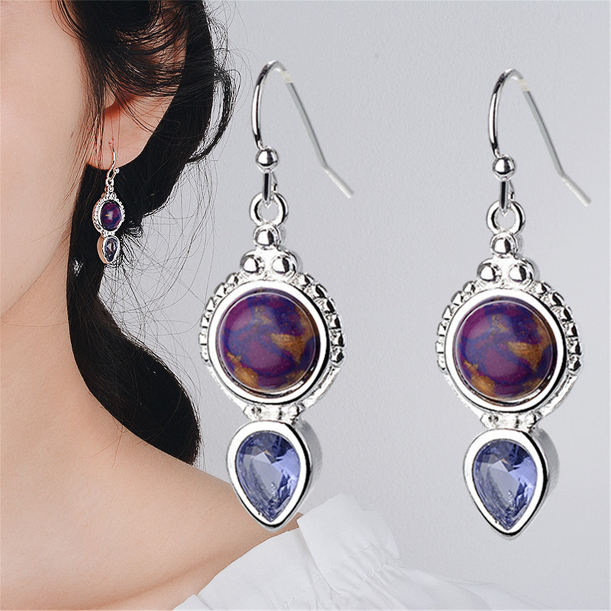 Purple Turquoise & Crystal Silver-Plated Pear-Cut Drop Earrings