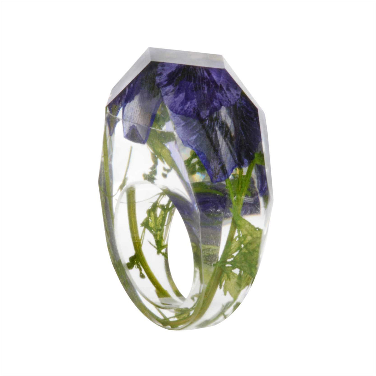 Purple and Green Dried Flower Ring, statement rings for women, botanical inspired, side view