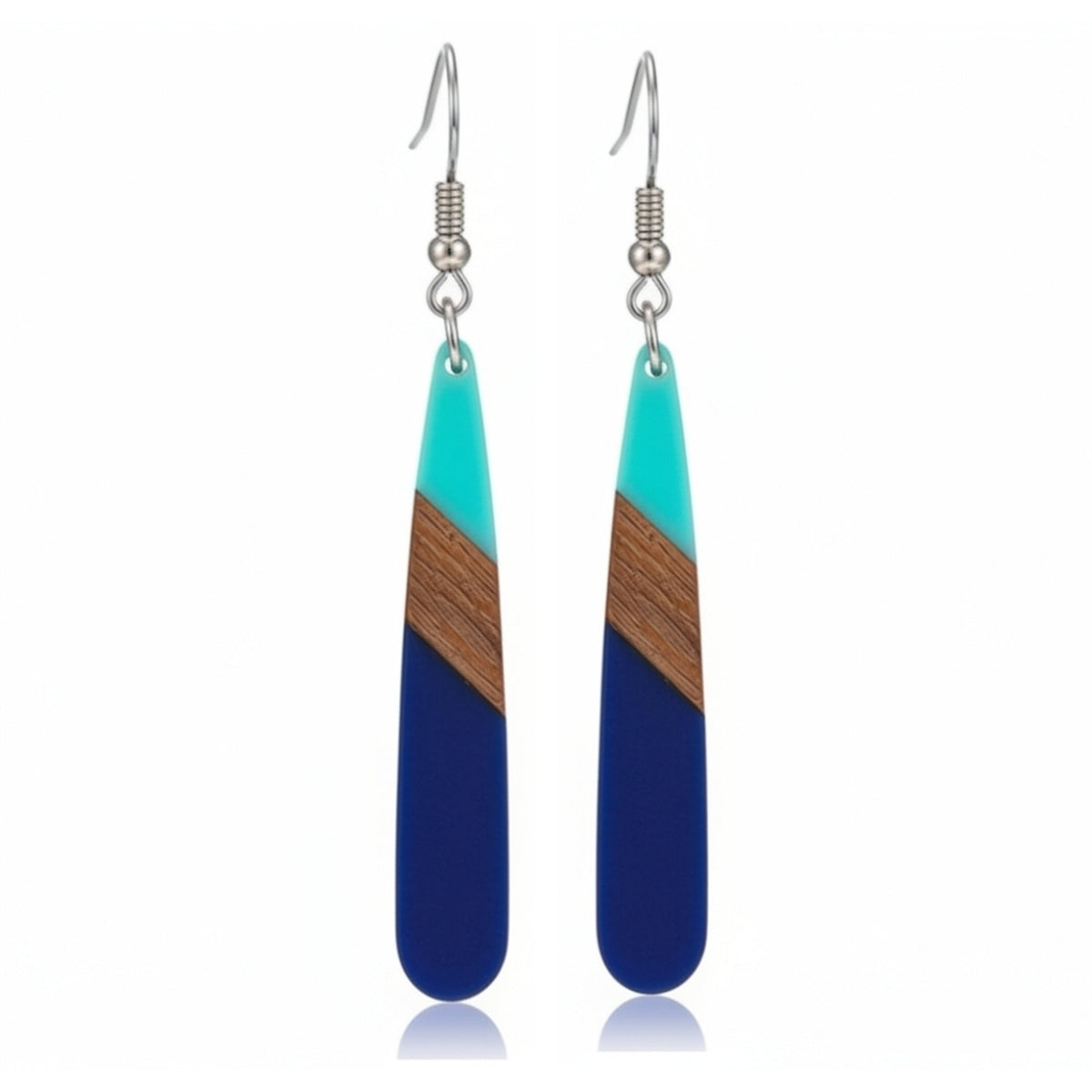 Mint Green & Navy Resin Wood Silvertone Color-Block Teardrop Hook Earrings - Street Region