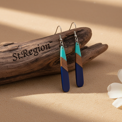 Mint Green & Navy Resin Wood Silvertone Color-Block Teardrop Hook Earrings - Street Region