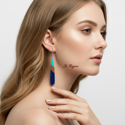 Mint Green & Navy Resin Wood Silvertone Color-Block Teardrop Hook Earrings - Street Region