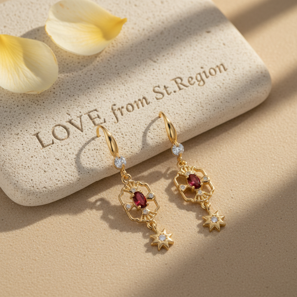 Red Crystal & Cubic Zirconia Goldtone Scalloped Edge Starburst Hook Earrings - Street Region