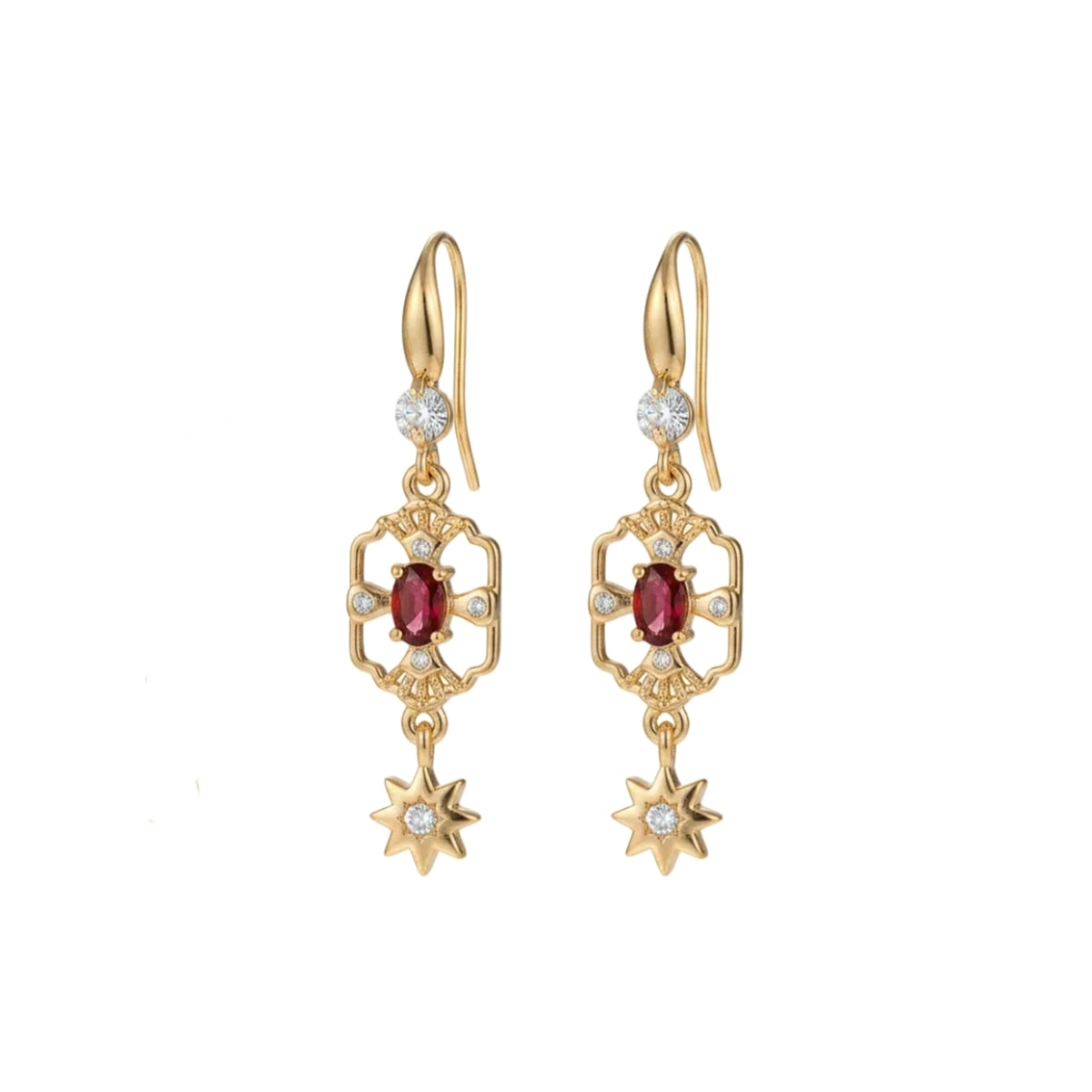 Red Crystal & Cubic Zirconia Goldtone Scalloped Edge Starburst Hook Earrings - Street Region