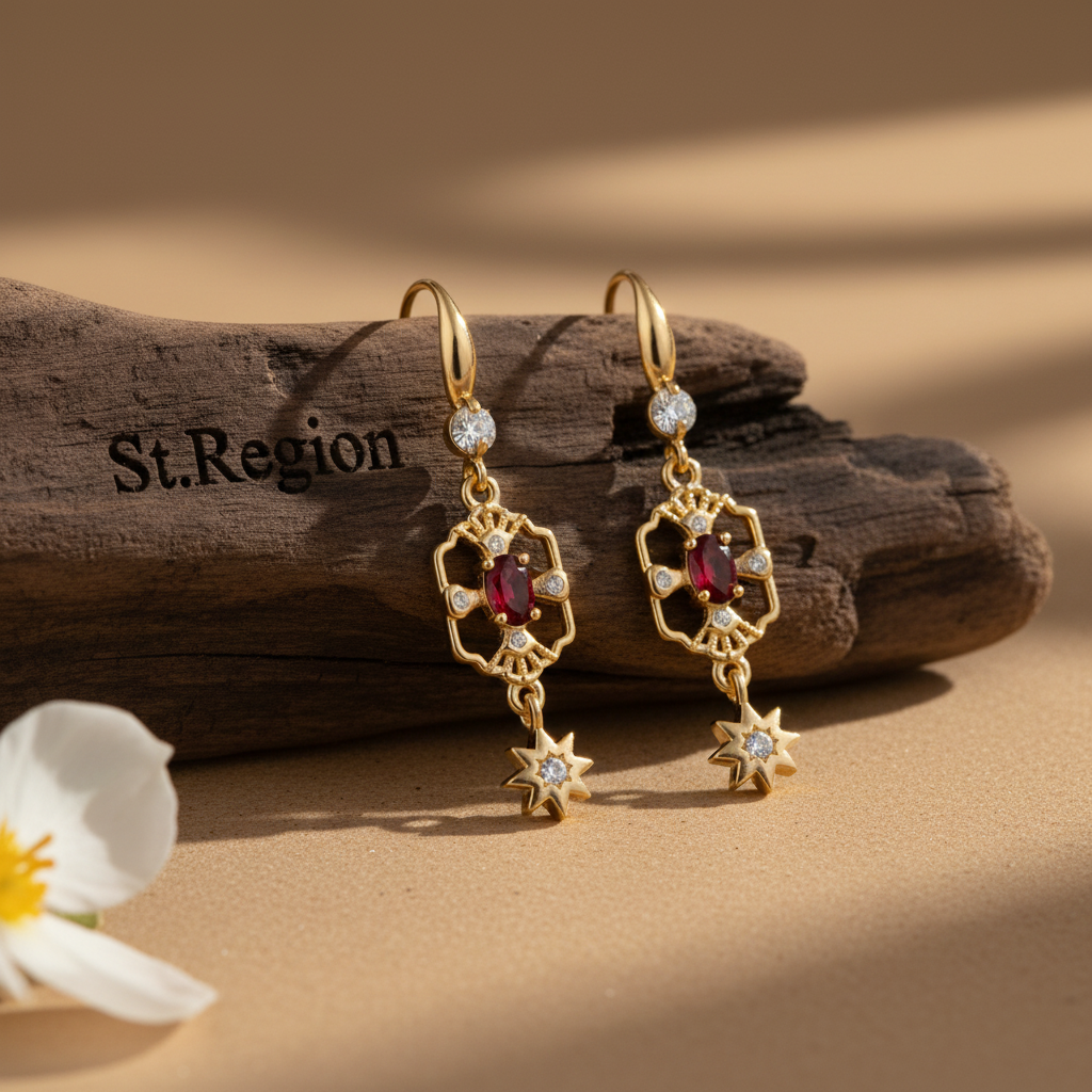 Red Crystal & Cubic Zirconia Goldtone Scalloped Edge Starburst Hook Earrings - Street Region