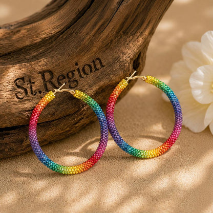 Rainbow Cubic Zirconia and 18K Gold-Plated Hoop Earrings, gold hoop earrings for women, elegant gift for her, front view