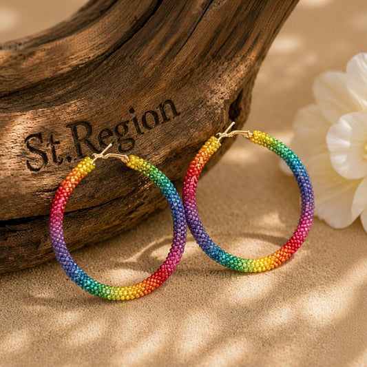Rainbow Cubic Zirconia and 18K Gold-Plated Hoop Earrings, gold hoop earrings for women, elegant gift for her, front view