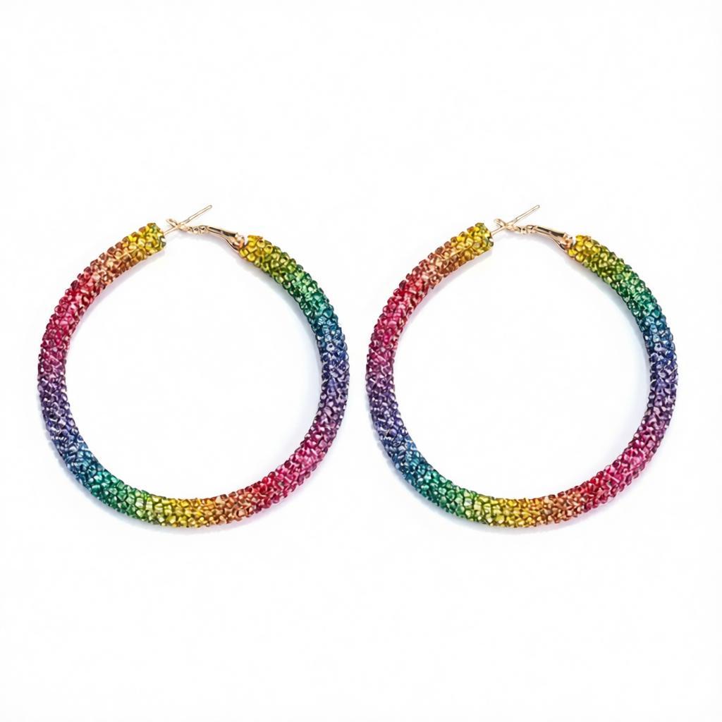 Rainbow Cubic Zirconia and 18K Gold-Plated Hoop Earrings, gold hoop earrings for women, elegant gift for her, side view
