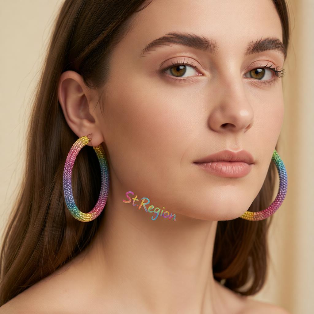 Rainbow Cubic Zirconia and 18K Gold-Plated Hoop Earrings, gold hoop earrings for women, elegant gift for her, styled look