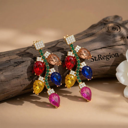 Red & Pink Crystal Leaves Drop Earrings