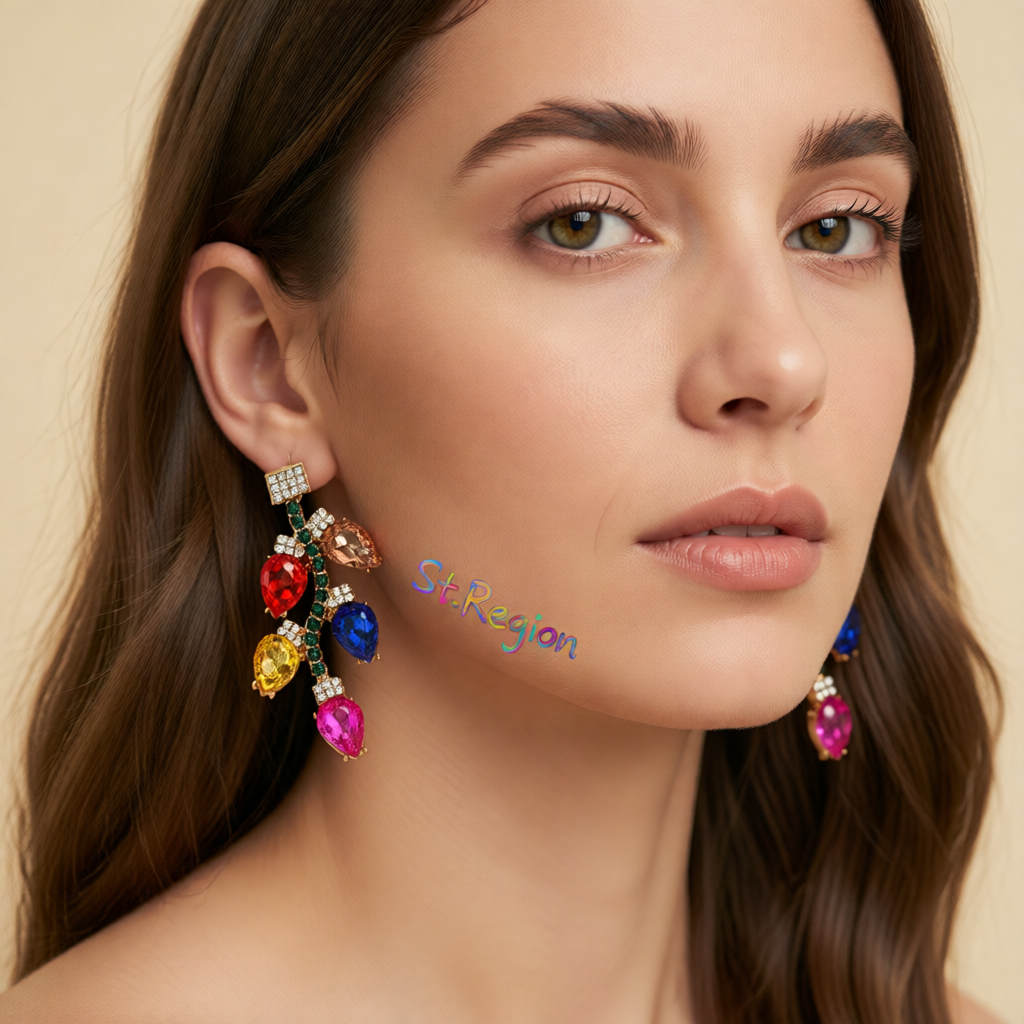 Red & Pink Crystal Leaves Drop Earrings