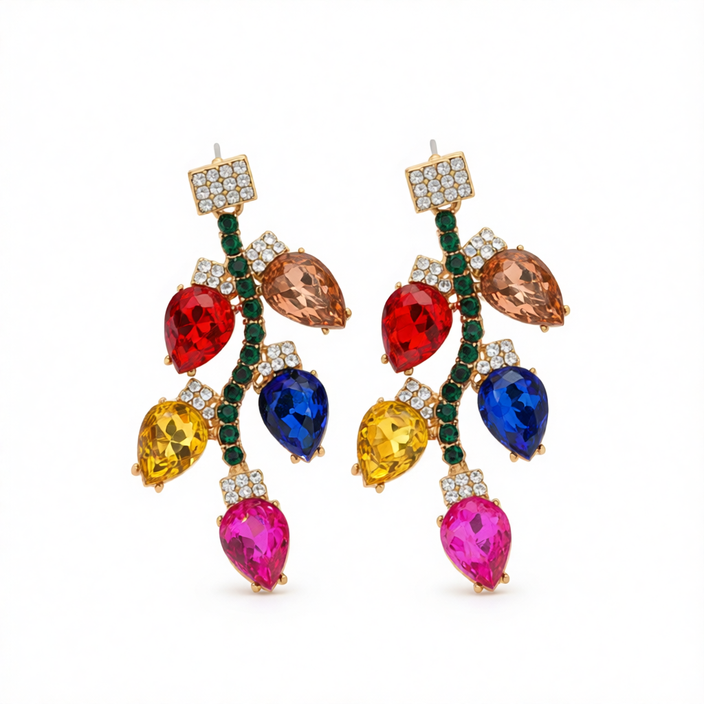 Red & Pink Crystal Leaves Drop Earrings